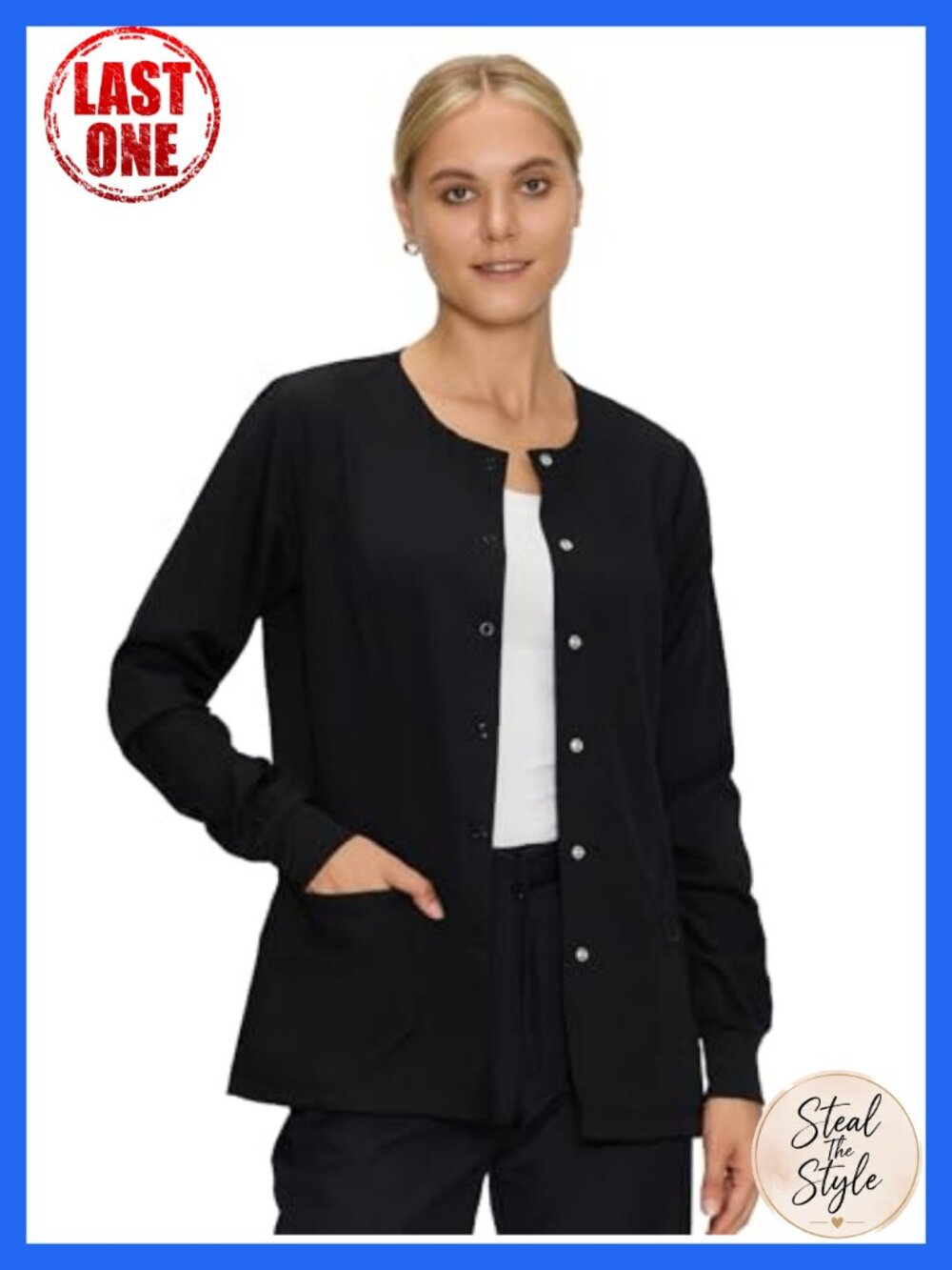 Scrub Jacket Snap Front Ribbed Cuffs 3 Pockets Nurse Medical Women